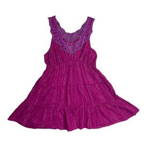 Free People Tiered Fuchsia Babydoll Knit Tank Top Size 10 Lace Trim Bohemian EUC